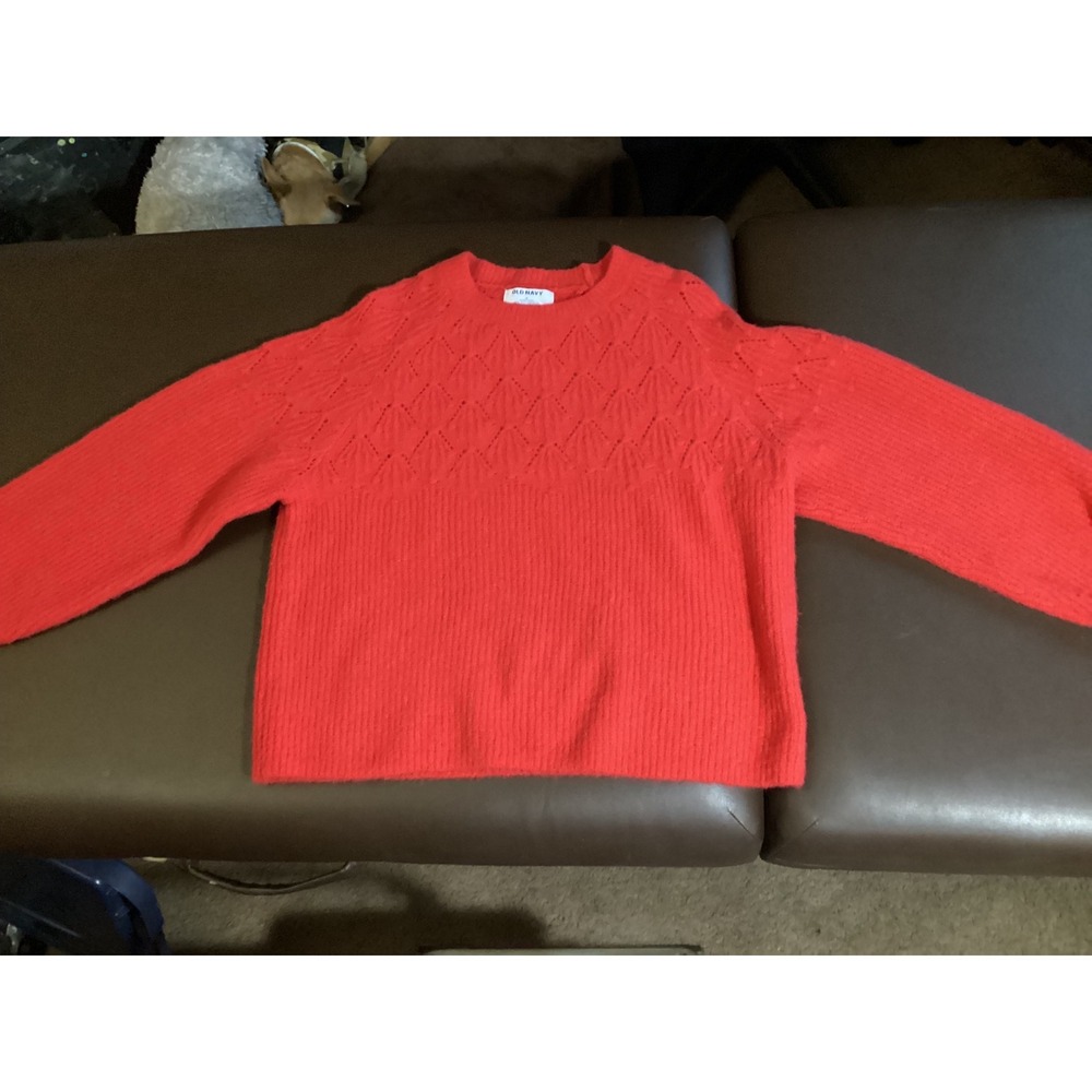 Old Navy Womens Red Pointelle Knit Crewneck Sweater Medium Go-Recycled Ribbed